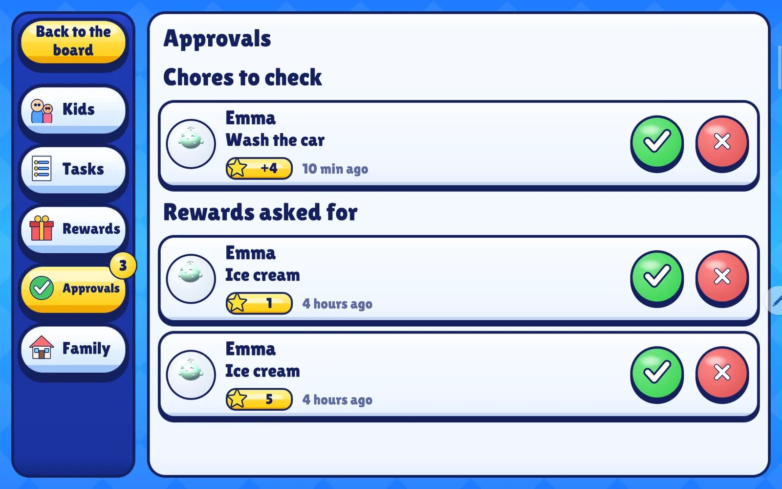 The approvals screen with chores to check and rewards asked for